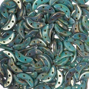 10mm Turquoise Bronze Picasso 2-Hole Crescent CzechMates Czech Glass Beads