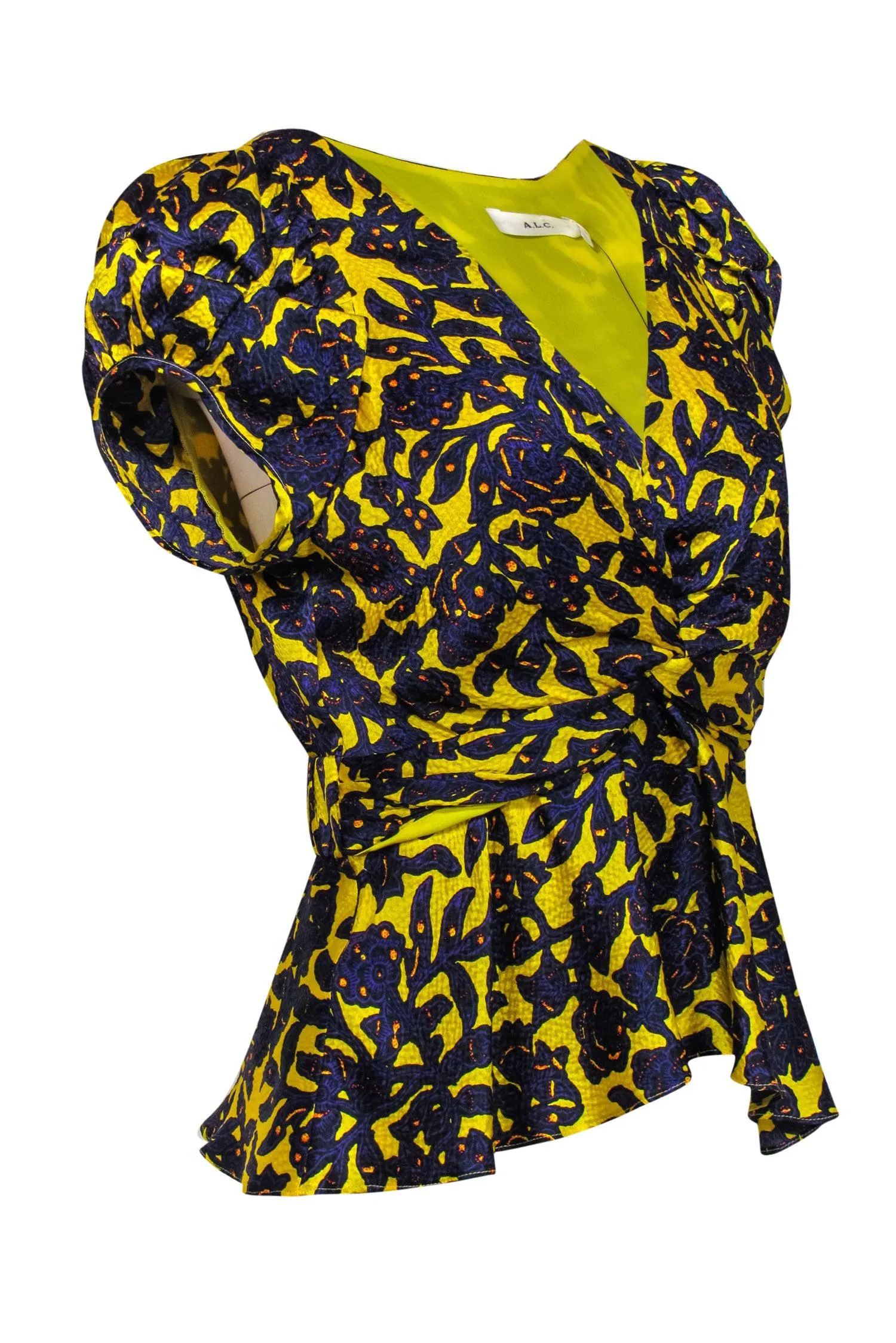 A.L.C. - Yellow & Purple Floral Print Twisted Waist Blouse Sz 6