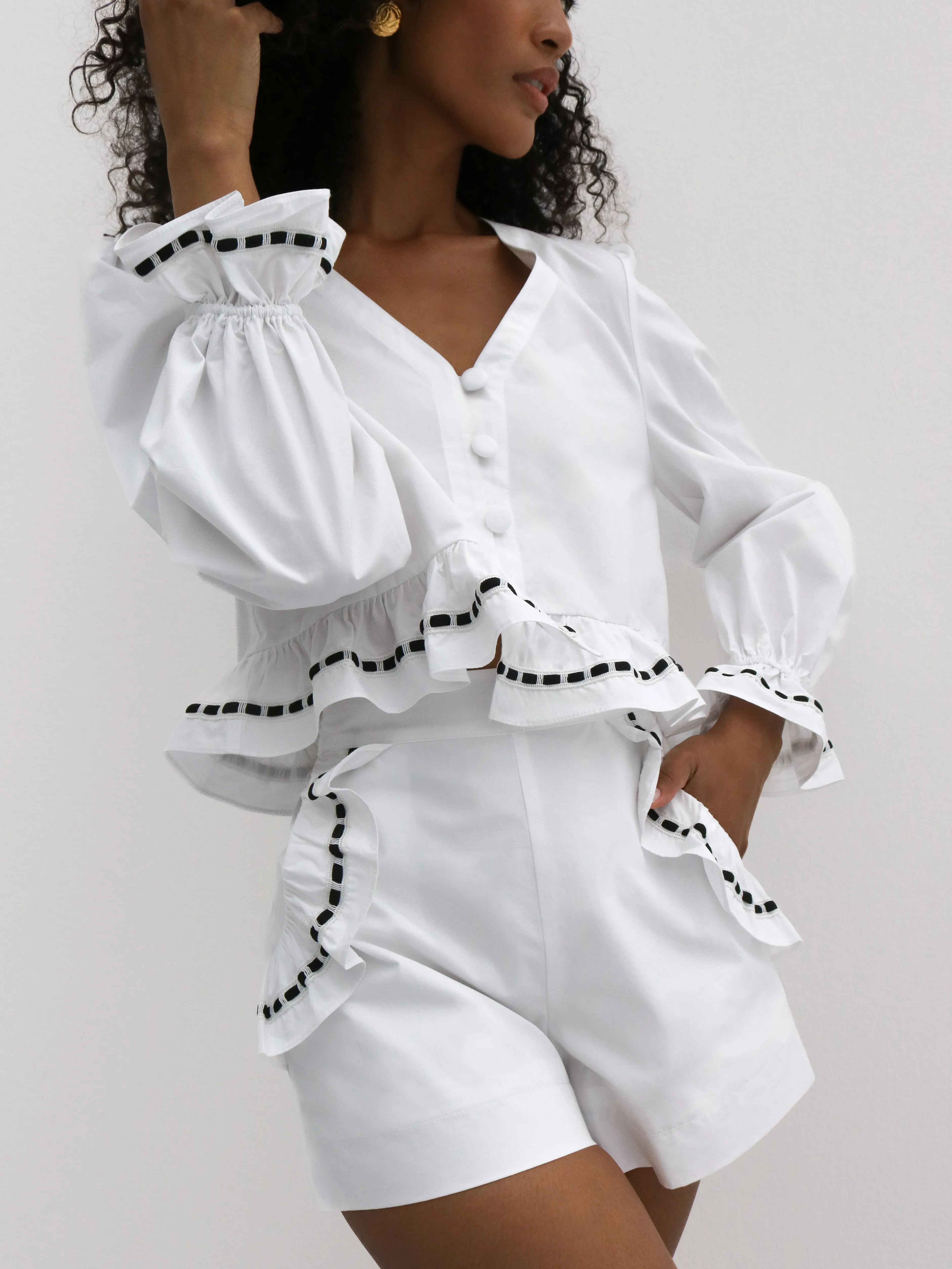 Alessandra Cotton Top with Ribbon Trim | White