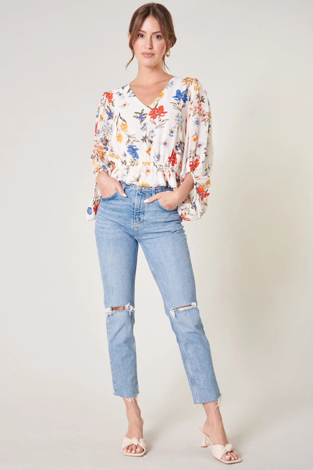 April Primary Floral Ways Balloon Sleeve Blouse