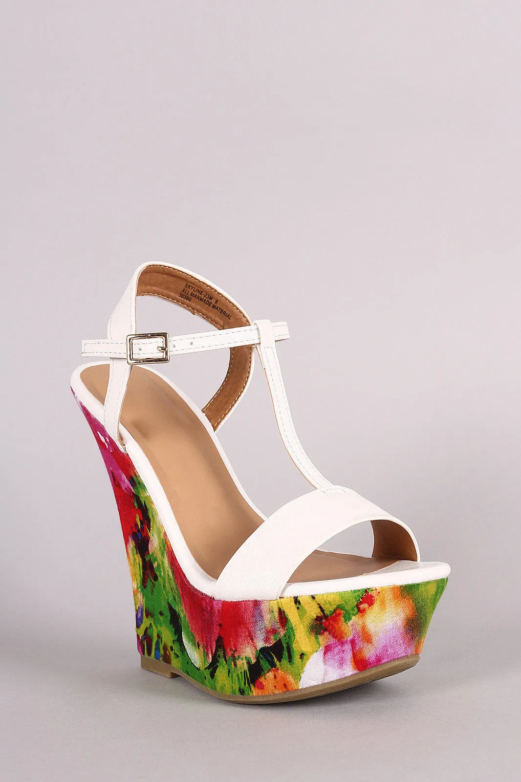 Bamboo T-Strap Watercolor Print Platform Wedge