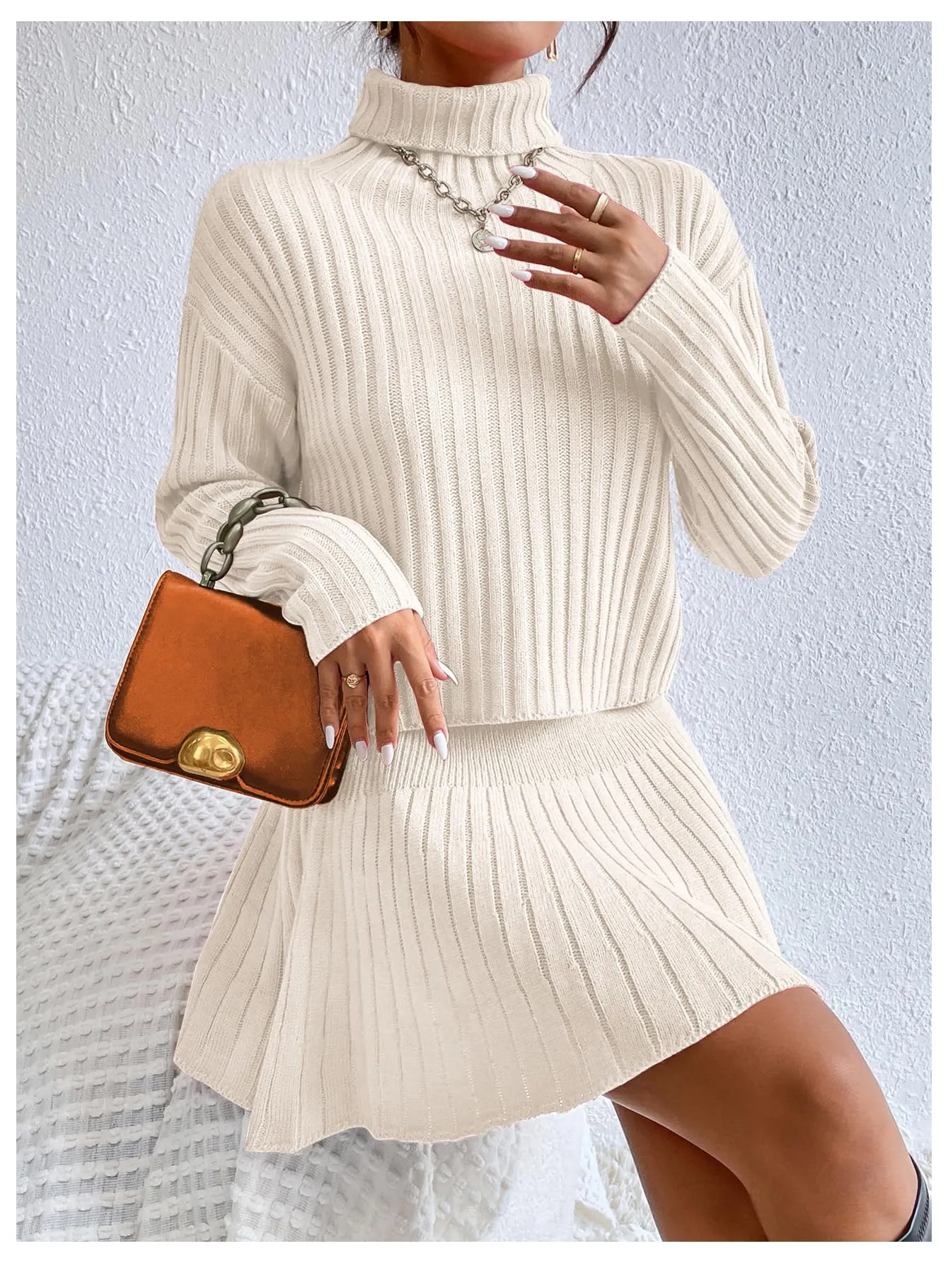 BEAUDRM Women's 2 Piece Outfits Long Sleeve Turtleneck Drop Shoulder Ribbed Knit Sweater and Ruffle Mini Sweater Skirt Set Beige Large