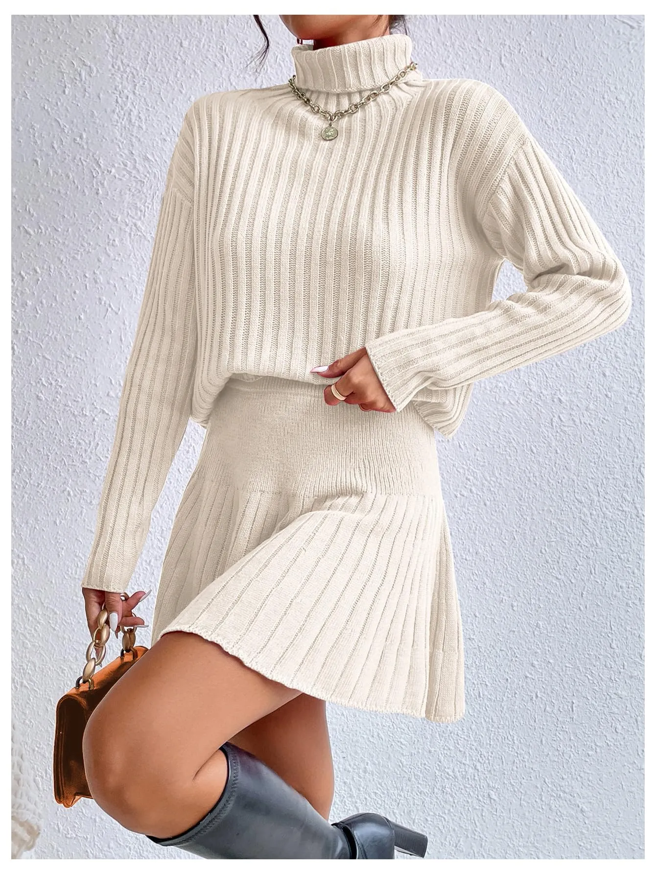 BEAUDRM Women's 2 Piece Outfits Long Sleeve Turtleneck Drop Shoulder Ribbed Knit Sweater and Ruffle Mini Sweater Skirt Set Beige Large