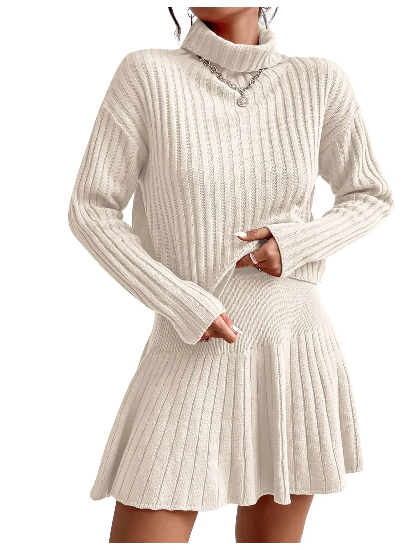 BEAUDRM Women's 2 Piece Outfits Long Sleeve Turtleneck Drop Shoulder Ribbed Knit Sweater and Ruffle Mini Sweater Skirt Set Beige Large