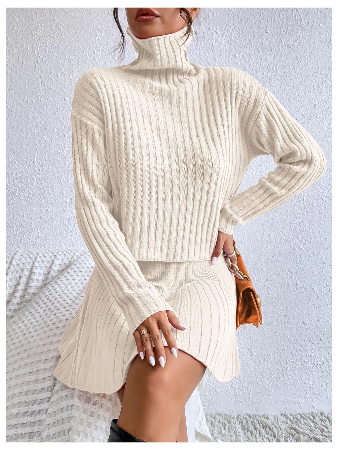 BEAUDRM Women's 2 Piece Outfits Long Sleeve Turtleneck Drop Shoulder Ribbed Knit Sweater and Ruffle Mini Sweater Skirt Set Beige Large