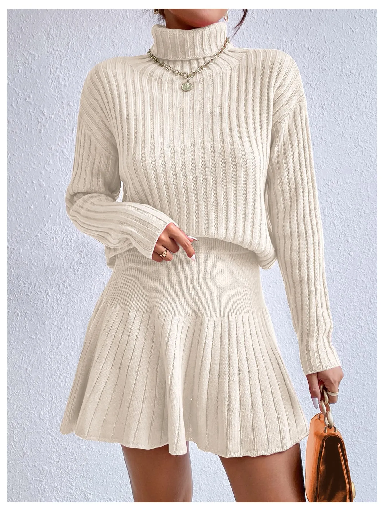 BEAUDRM Women's 2 Piece Outfits Long Sleeve Turtleneck Drop Shoulder Ribbed Knit Sweater and Ruffle Mini Sweater Skirt Set Beige Large