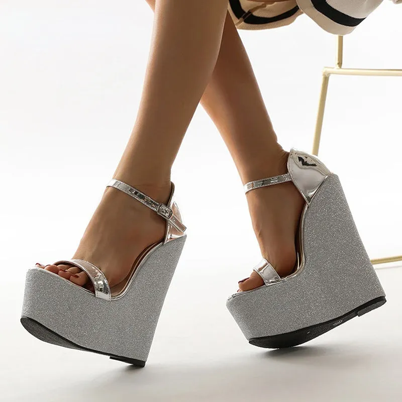 BerriesJam - 2024 Summer Silver Platform Buckle Wedges