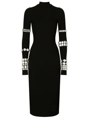 Black Calf-Length Stretchy Dress with Rhinestones