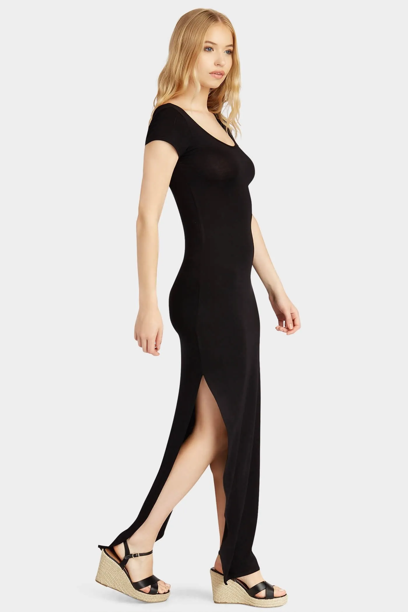 Black Cap Sleeve Side Split Maxi Dress