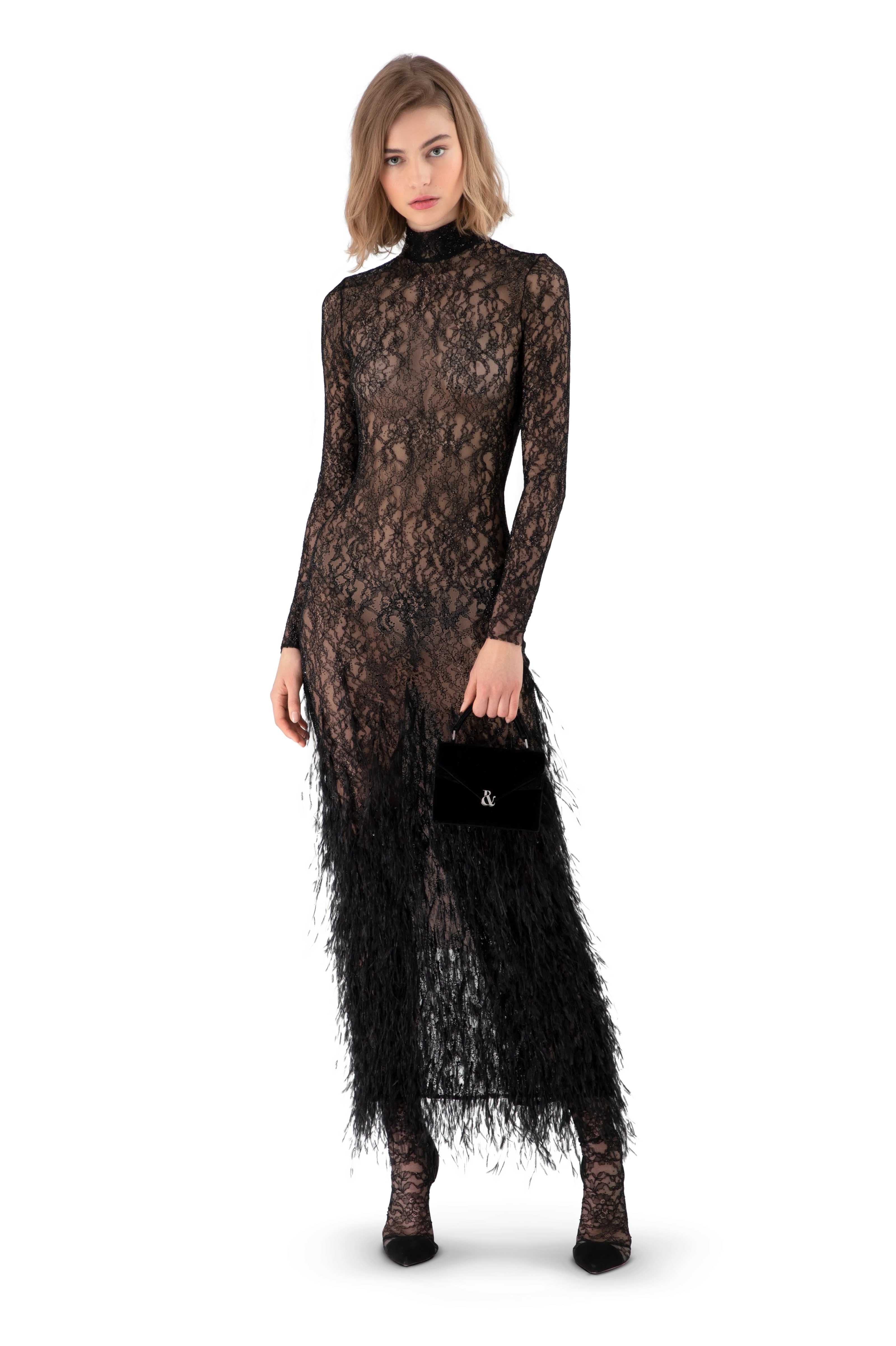 Black Lace Feather Embroidered Fitted Midi Dress