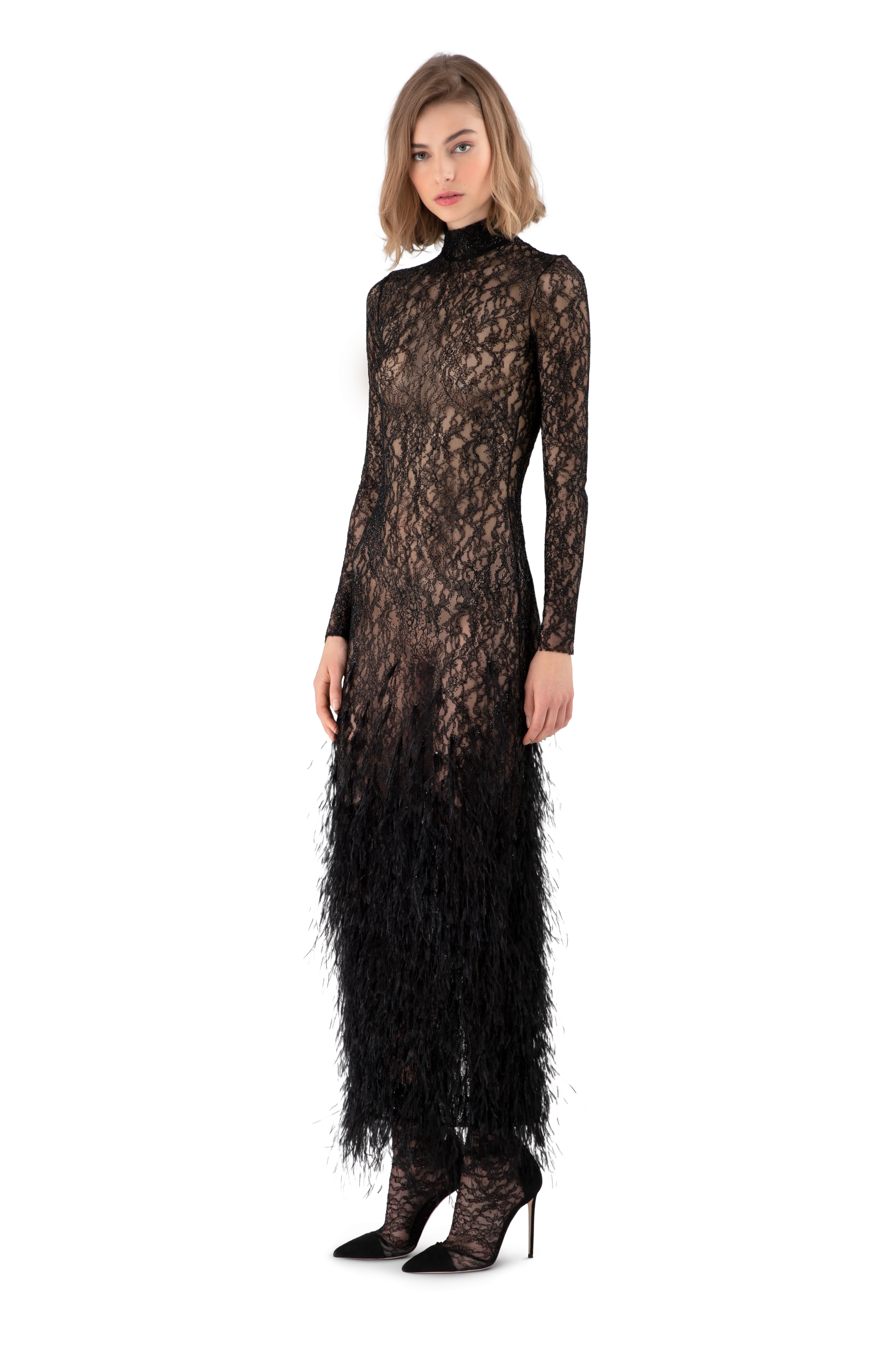 Black Lace Feather Embroidered Fitted Midi Dress