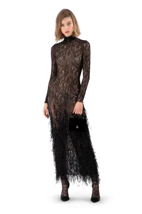 Black Lace Feather Embroidered Fitted Midi Dress