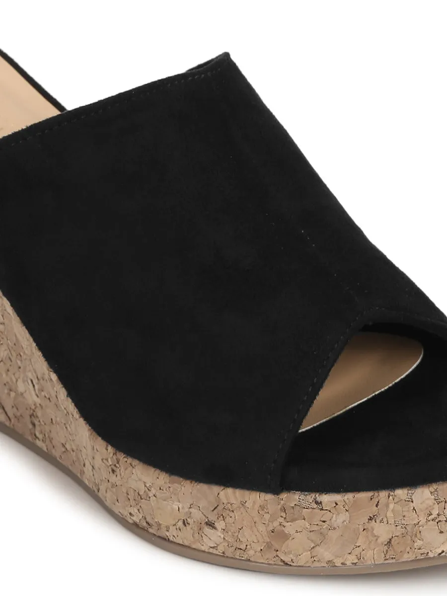 Black Micro Peep Toe Slip On Wedges