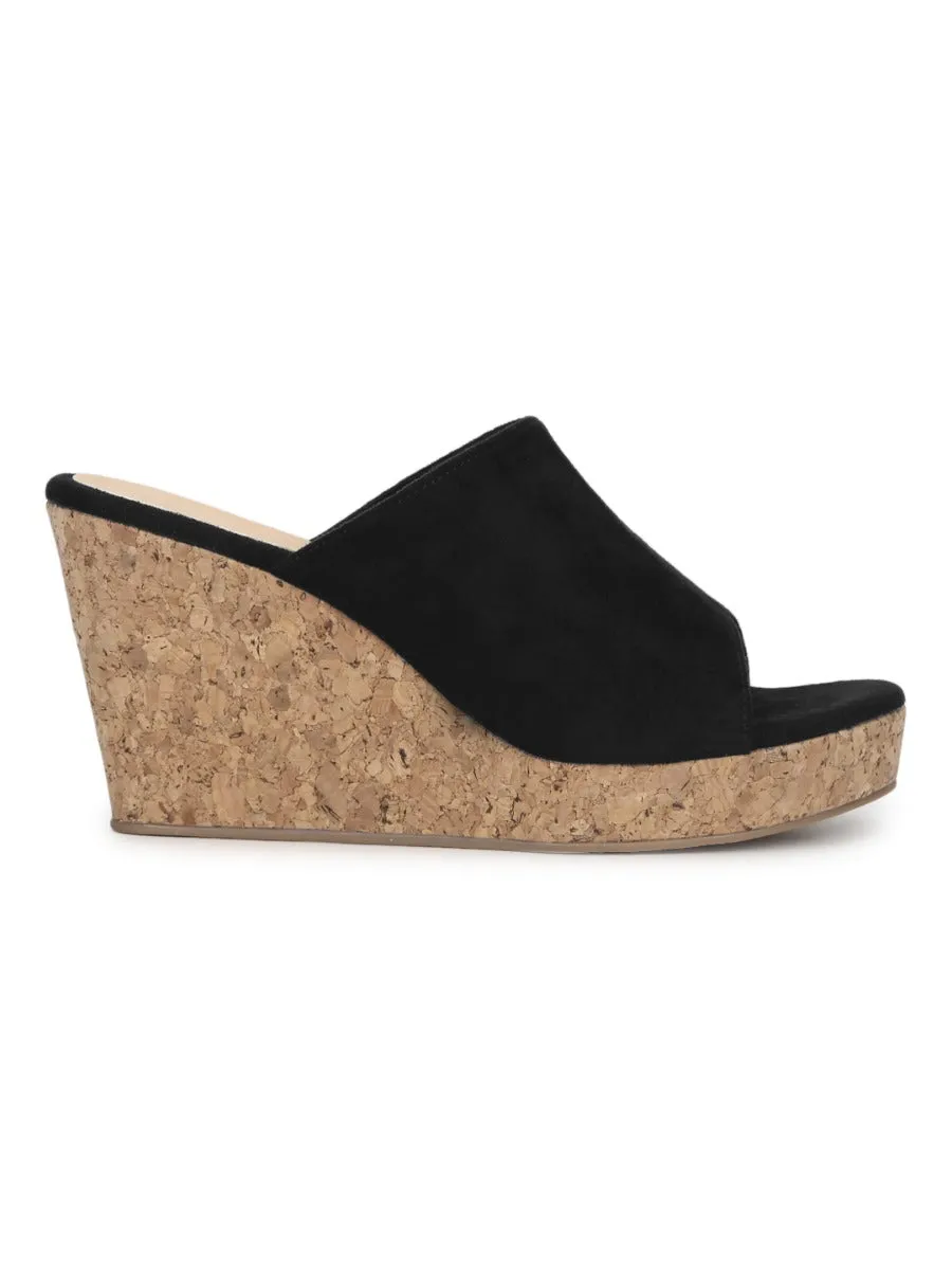 Black Micro Peep Toe Slip On Wedges