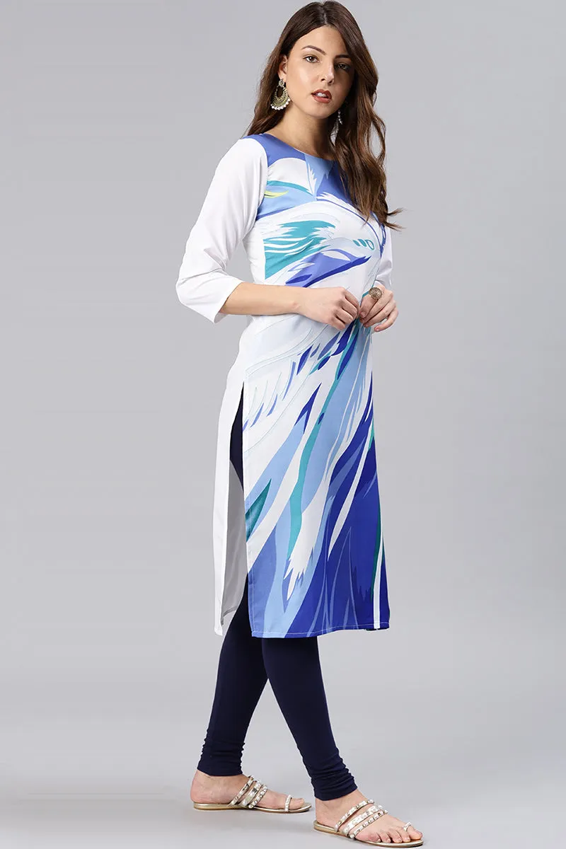 Blue & White Polyester Abstract Print Straight Kurta