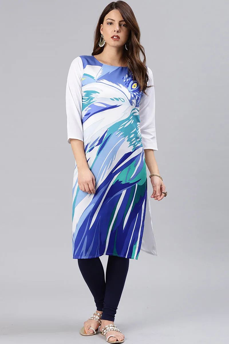 Blue & White Polyester Abstract Print Straight Kurta