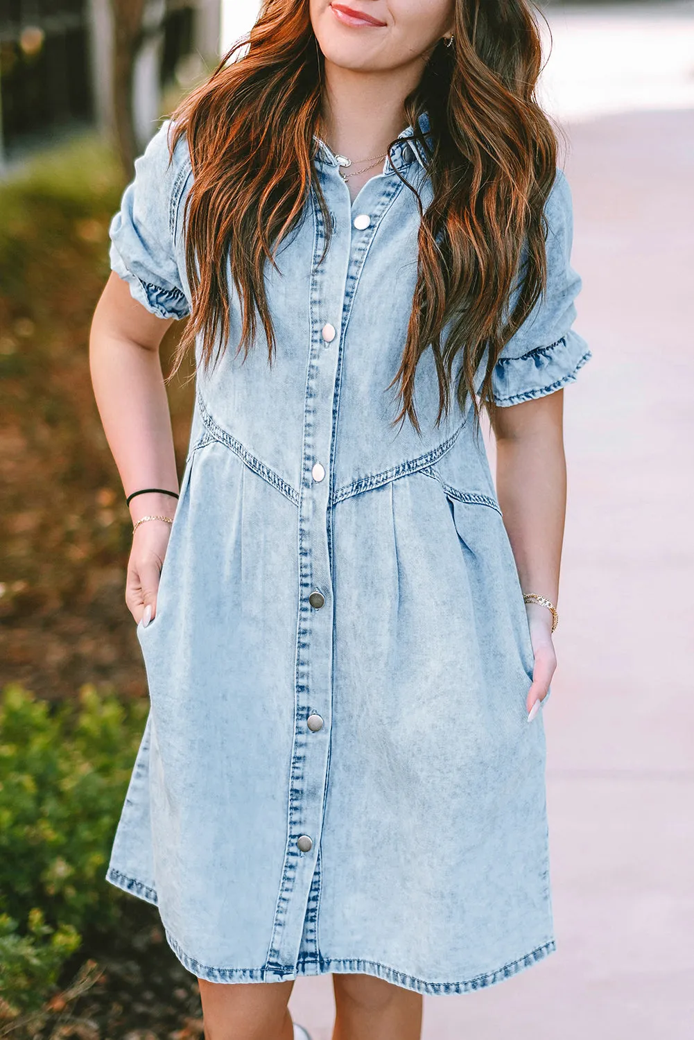 Blue Mineral Washed Ruffled Short Sleeve Pocketed Denim Dress