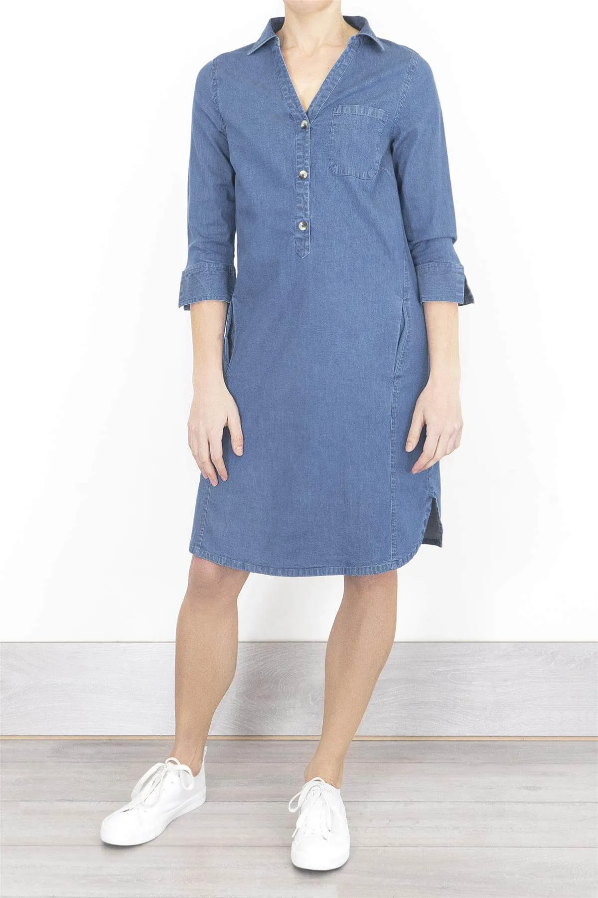 Bonmarche Mid Blue Denim 3/4 Sleeve Casual Short Dress with Pockets