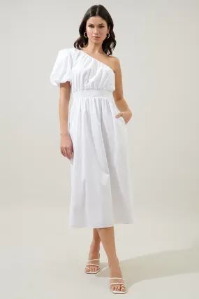 Bridgette One Shoulder Balloon Sleeve Poplin Midi Dress