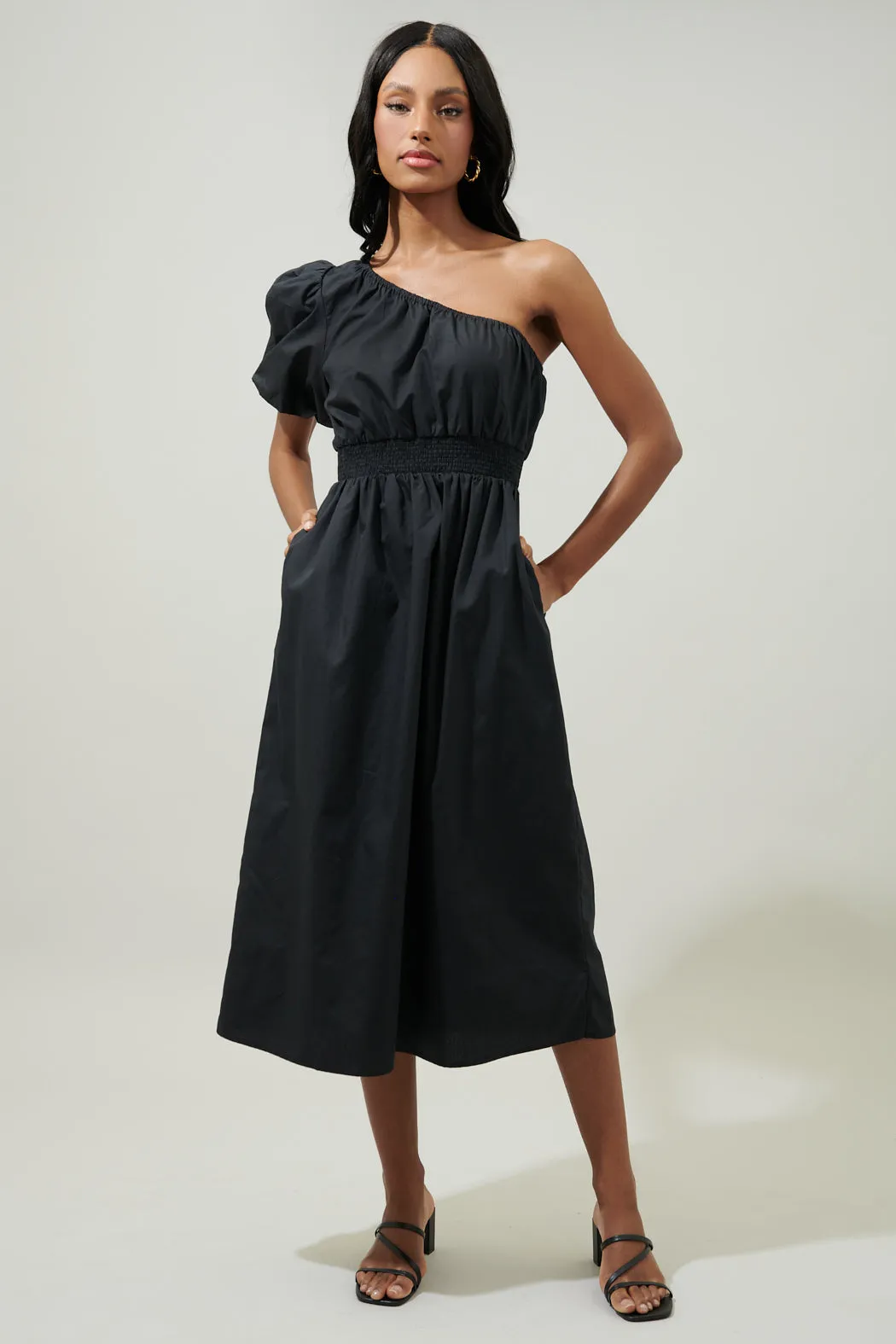 Bridgette One Shoulder Balloon Sleeve Poplin Midi Dress