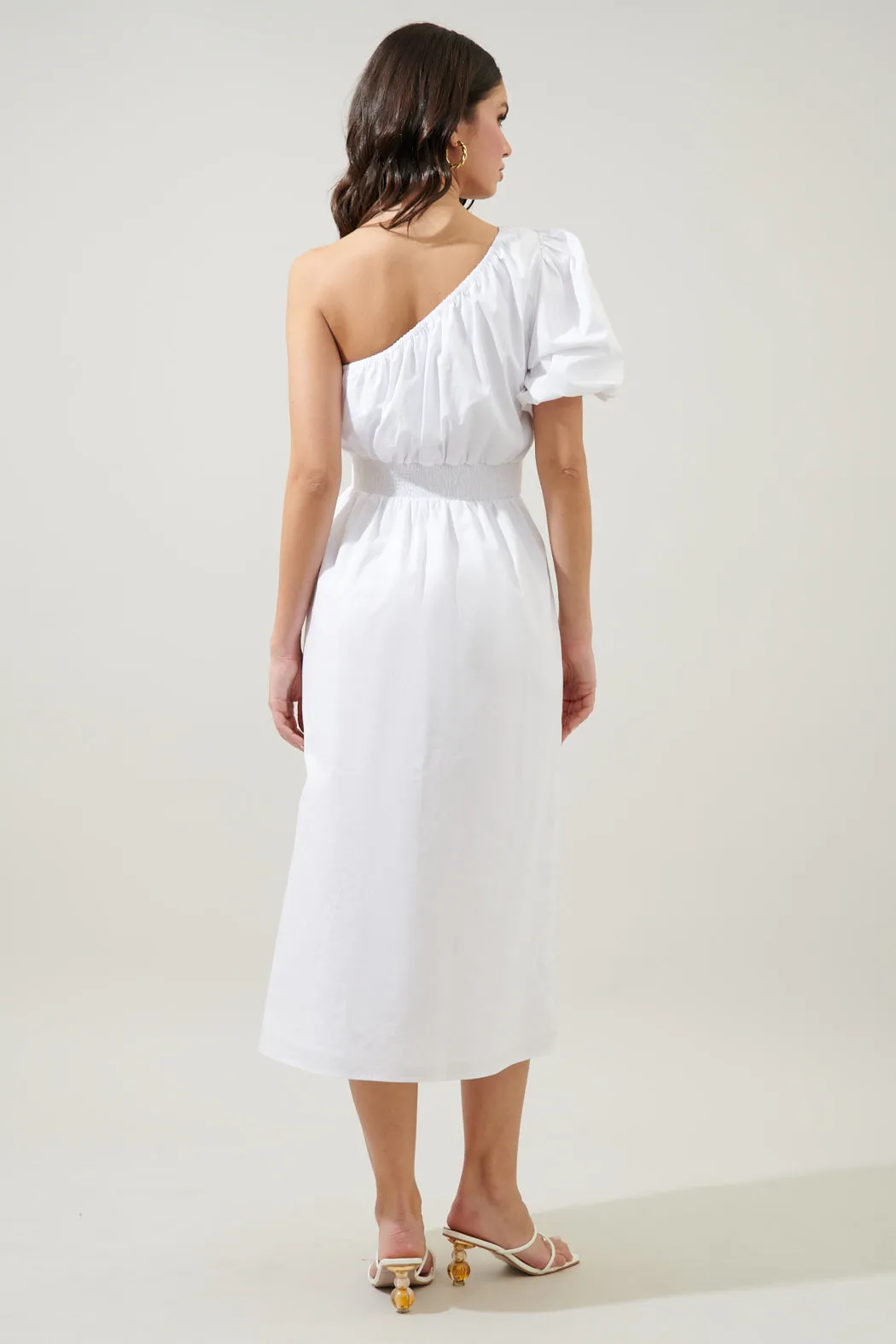 Bridgette One Shoulder Balloon Sleeve Poplin Midi Dress