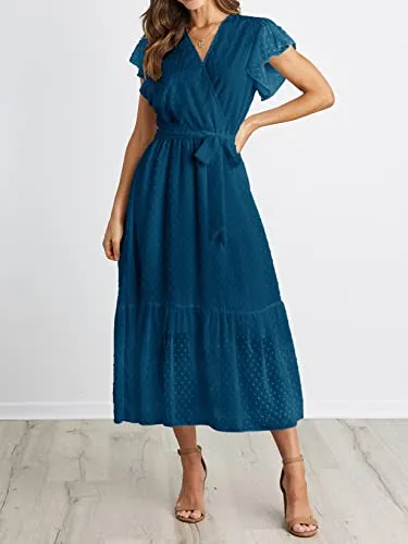 BTFBM Women Summer Bohemian Floral Casual Wrap V Neck Ruffle Cap Sleeveless Belt A-Line Pleated Hem Swing Midi Sun Dress (Swiss Dot Lake Blue, s)