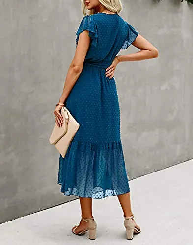 BTFBM Women Summer Bohemian Floral Casual Wrap V Neck Ruffle Cap Sleeveless Belt A-Line Pleated Hem Swing Midi Sun Dress (Swiss Dot Lake Blue, s)