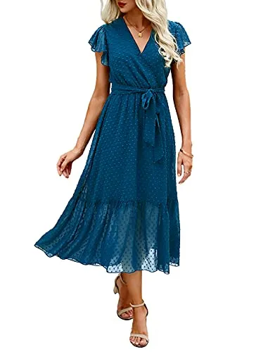 BTFBM Women Summer Bohemian Floral Casual Wrap V Neck Ruffle Cap Sleeveless Belt A-Line Pleated Hem Swing Midi Sun Dress (Swiss Dot Lake Blue, s)