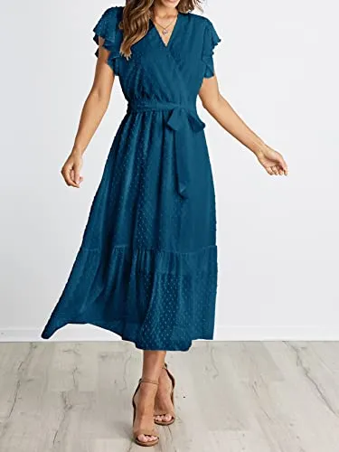 BTFBM Women Summer Bohemian Floral Casual Wrap V Neck Ruffle Cap Sleeveless Belt A-Line Pleated Hem Swing Midi Sun Dress (Swiss Dot Lake Blue, s)