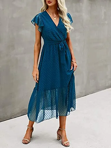 BTFBM Women Summer Bohemian Floral Casual Wrap V Neck Ruffle Cap Sleeveless Belt A-Line Pleated Hem Swing Midi Sun Dress (Swiss Dot Lake Blue, s)