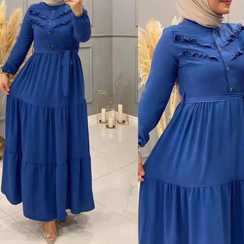 Chic Solid Colour Pleated outfit with Belt for muslim Women