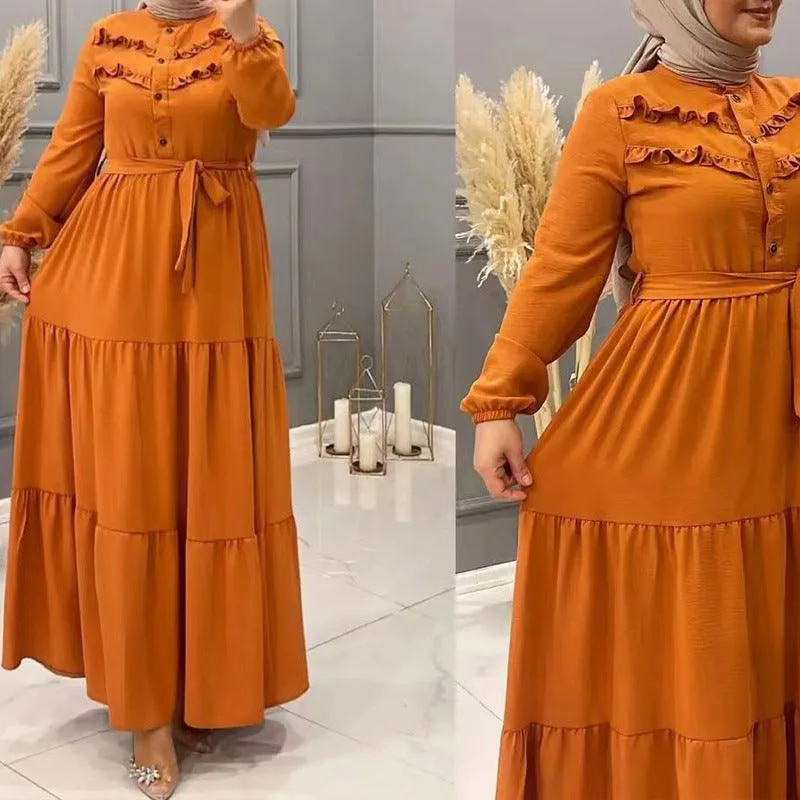 Chic Solid Colour Pleated outfit with Belt for muslim Women