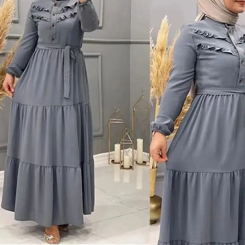 Chic Solid Colour Pleated outfit with Belt for muslim Women