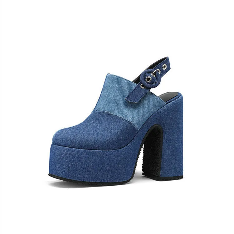 Color Block Denim High Heel Toe Box Slingback Sandals