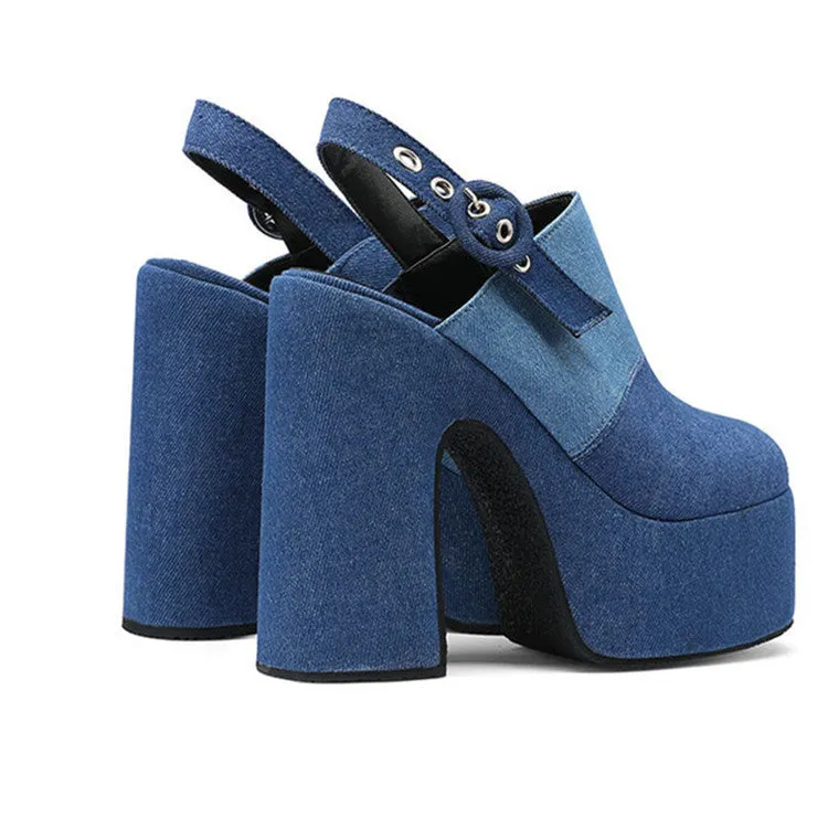 Color Block Denim High Heel Toe Box Slingback Sandals