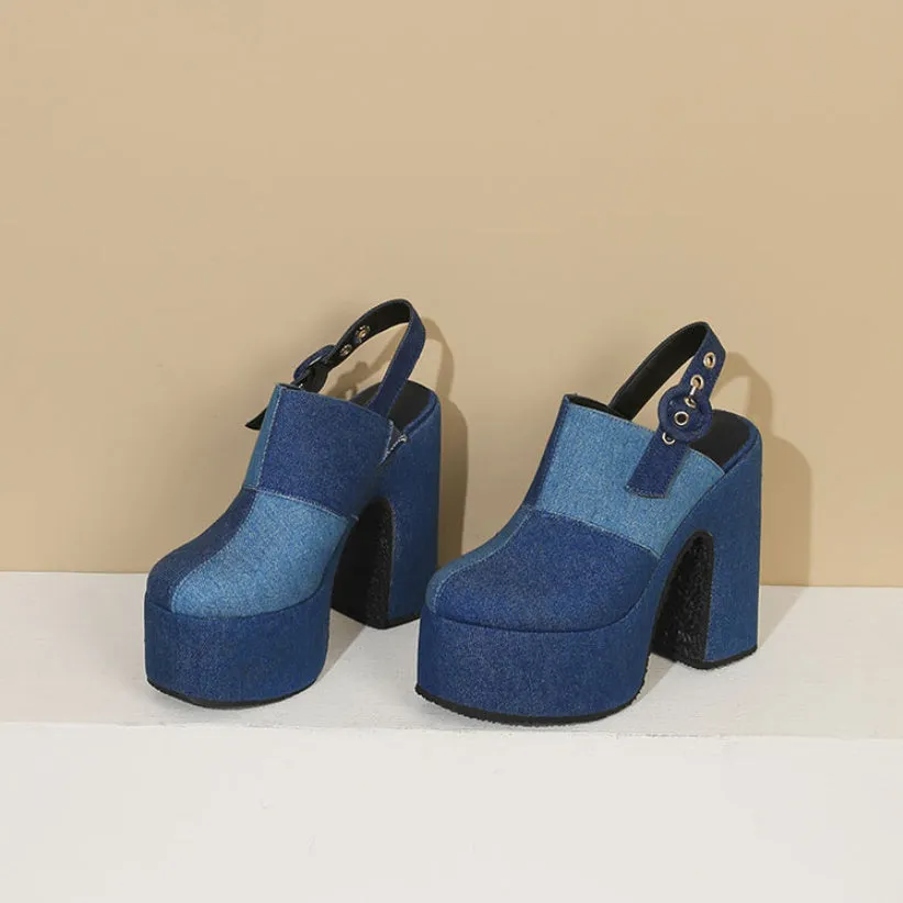 Color Block Denim High Heel Toe Box Slingback Sandals