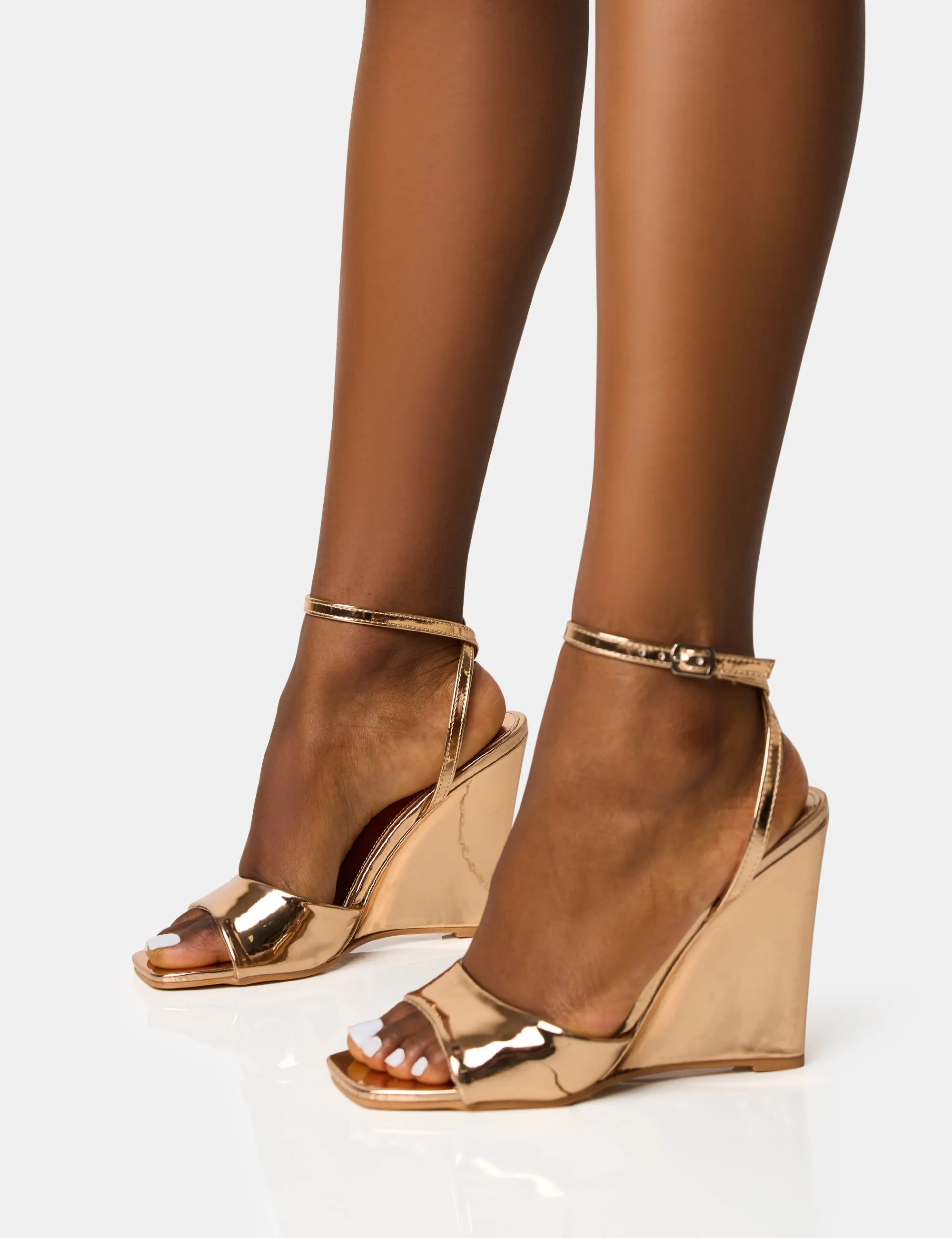 Connection Rose Gold Strappy Peep Toe Wedges