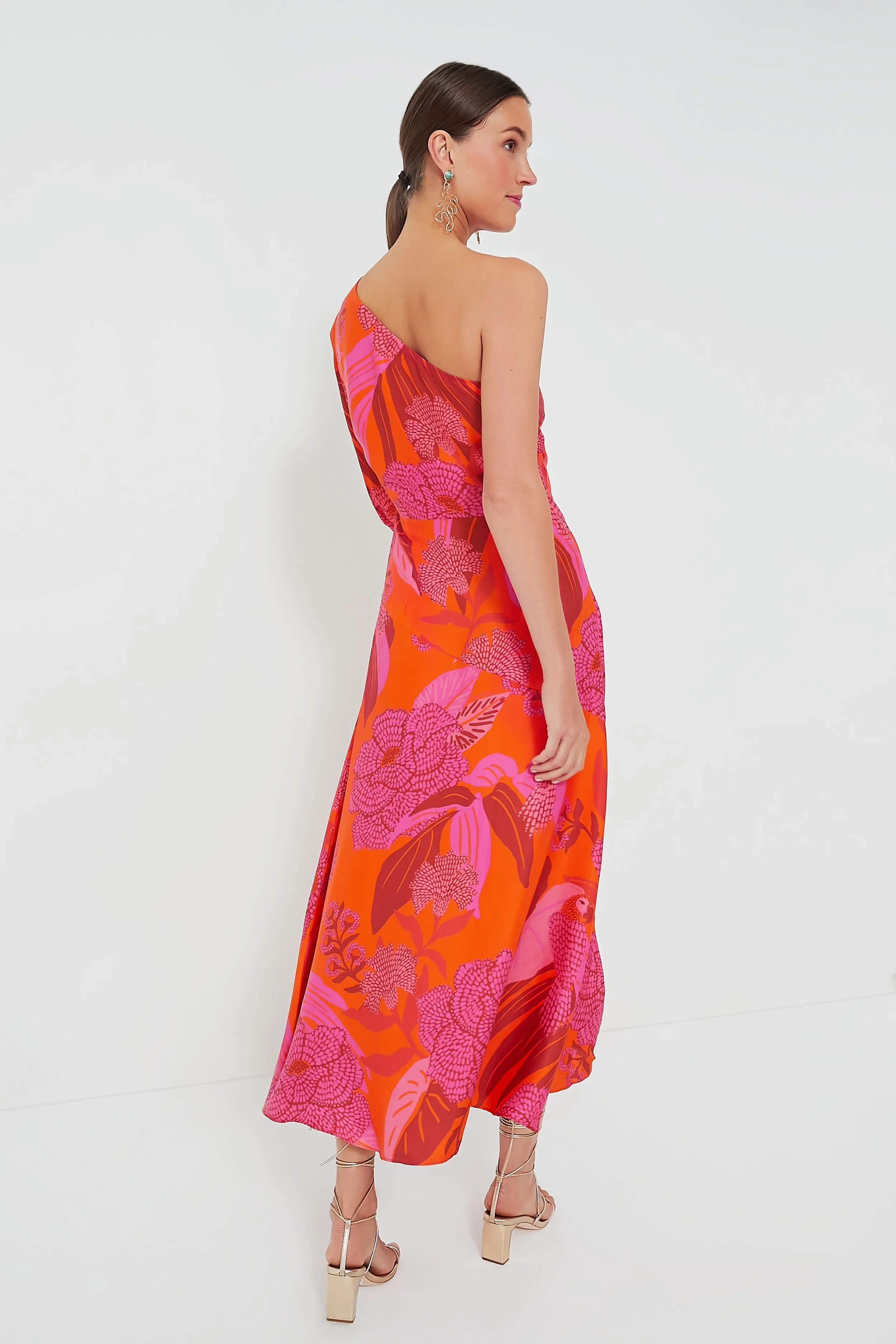 Dewdrop Floral Red One Shoulder Midi Dress