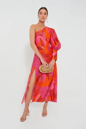 Dewdrop Floral Red One Shoulder Midi Dress