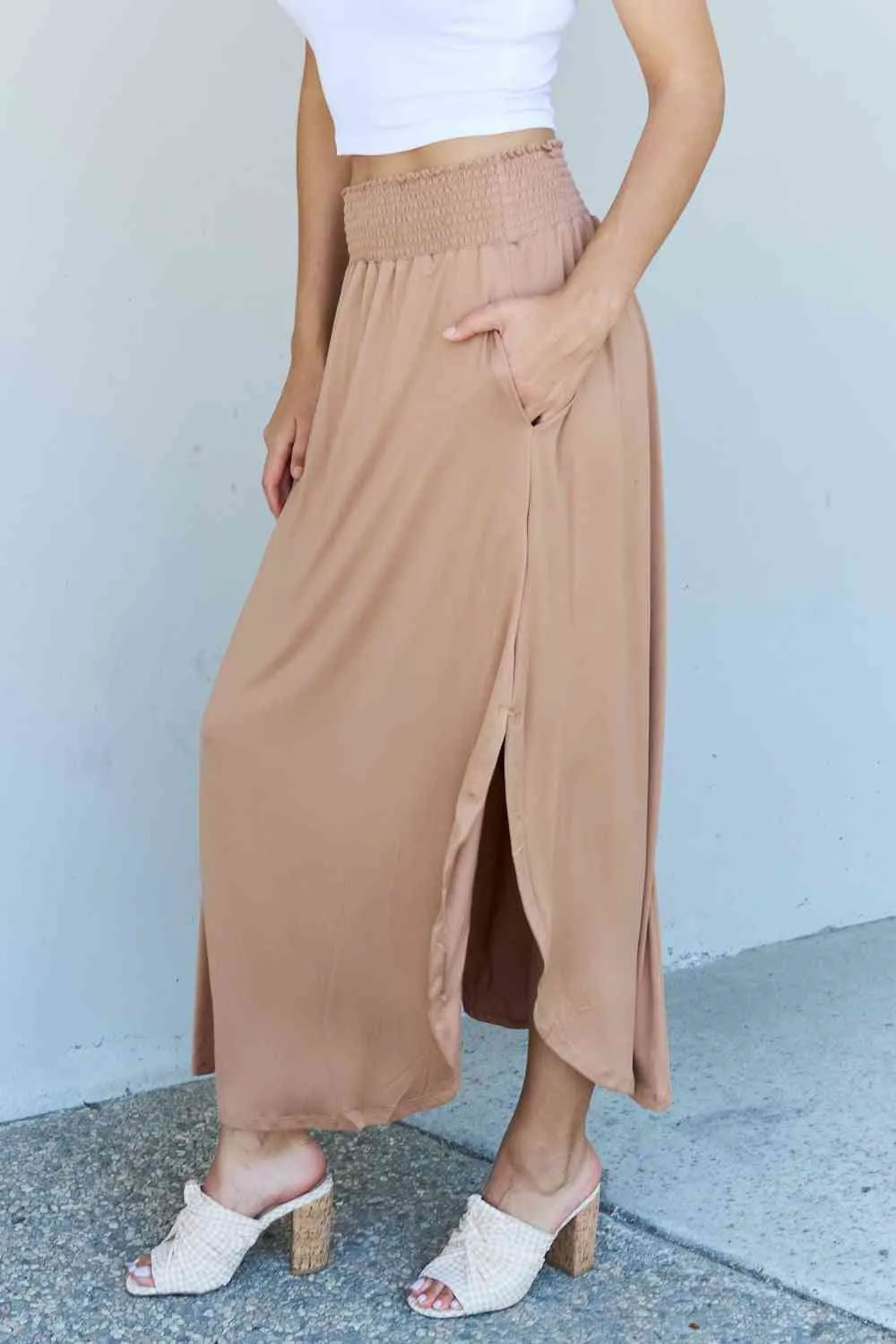 Doublju Comfort Princess High Waist Scoop Hem Maxi Skirt in Tan