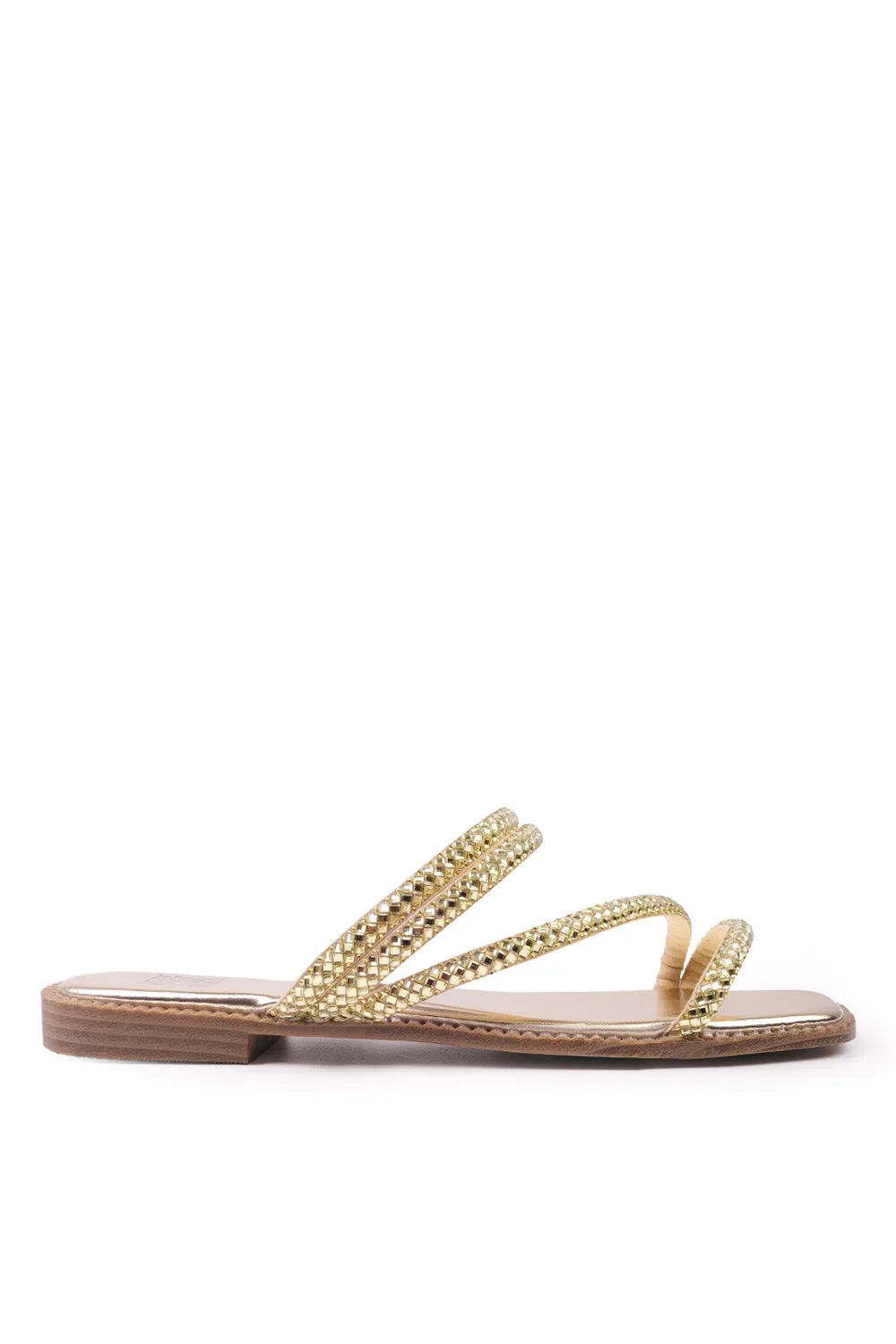 DREAM STRAPPY FLAT SLIDER SANDALS WITH DIAMANTE DETAIL IN GOLD FAUX LEATHER