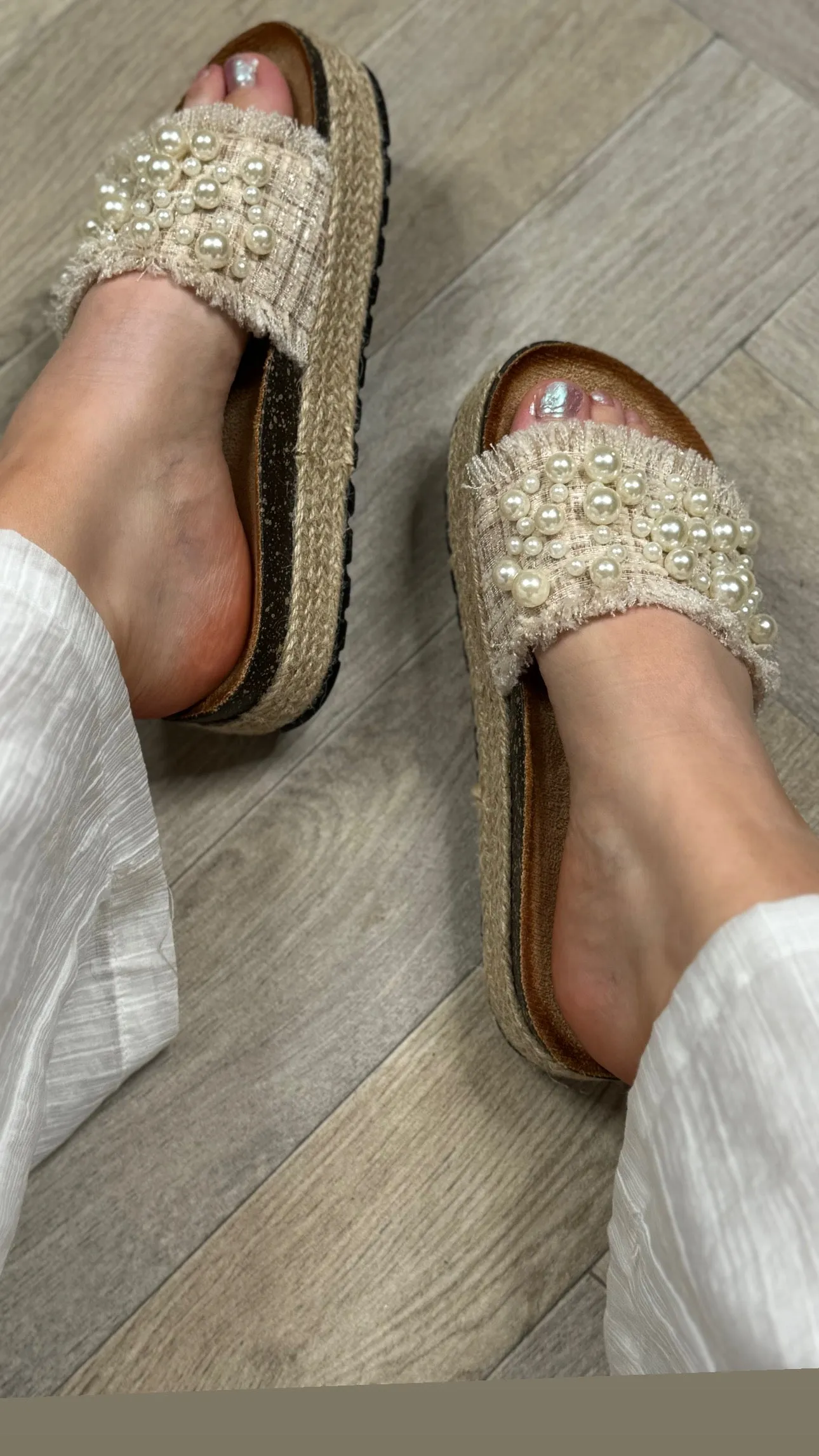 Ellowyn Beige Pearl Embellished Flat Sandals