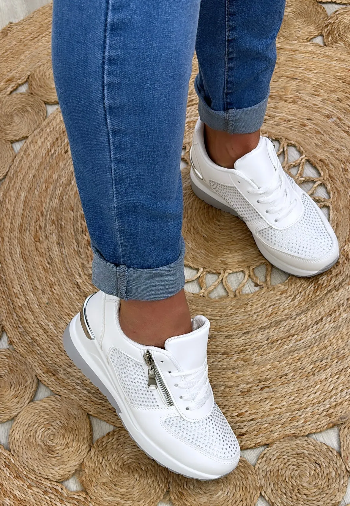 Enid White Zip Detail Wedge Trainers