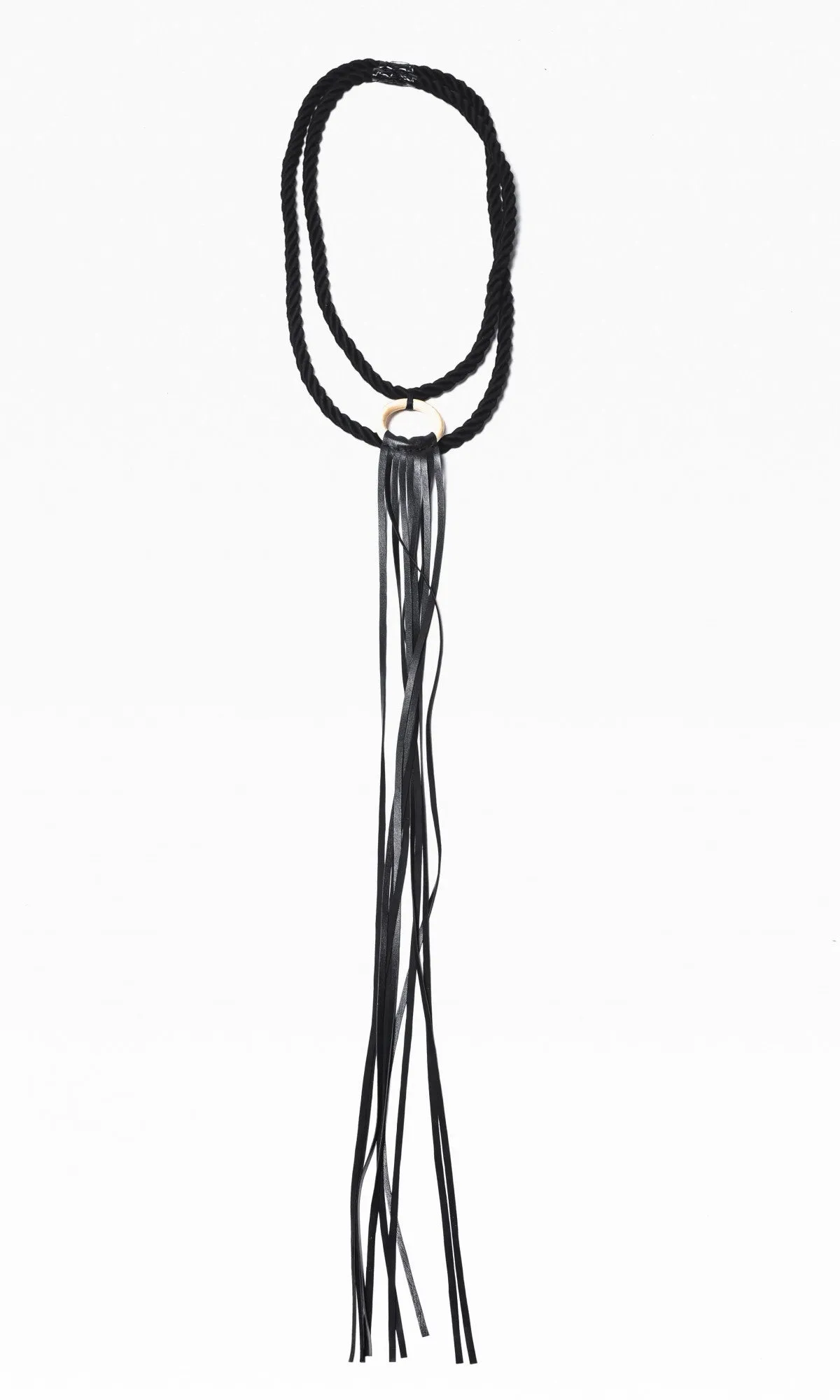 Extra Long Genuine Leather Ring and Fringe Necklace A16249