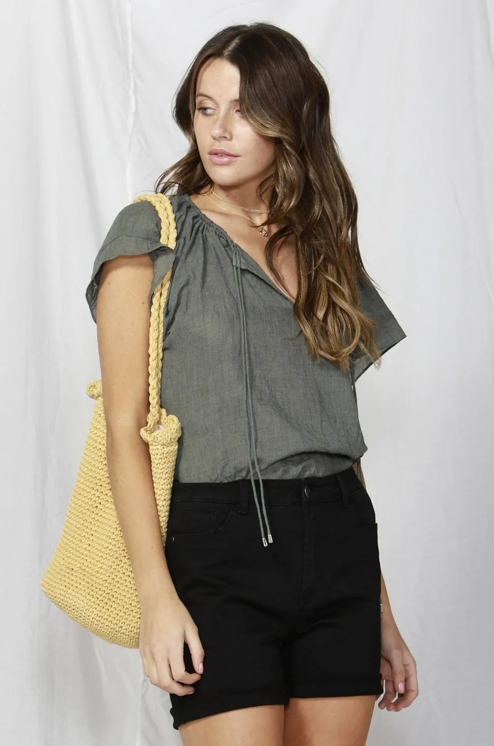 Fate   Becker Sunday Drawstring Top in Khaki