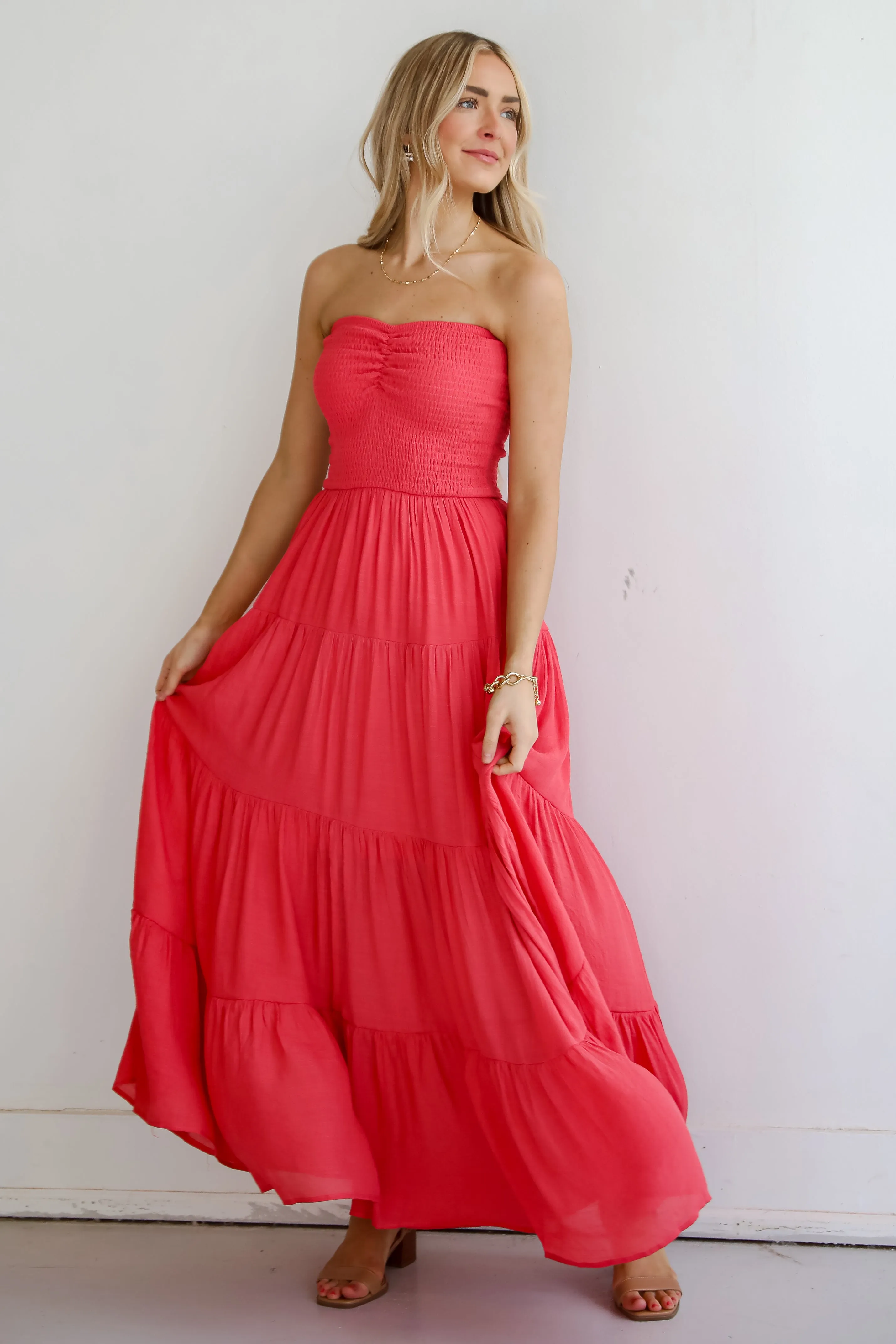 FINAL SALE - Getaway Mood Coral Strapless Tiered Maxi Dress - DU DEAL