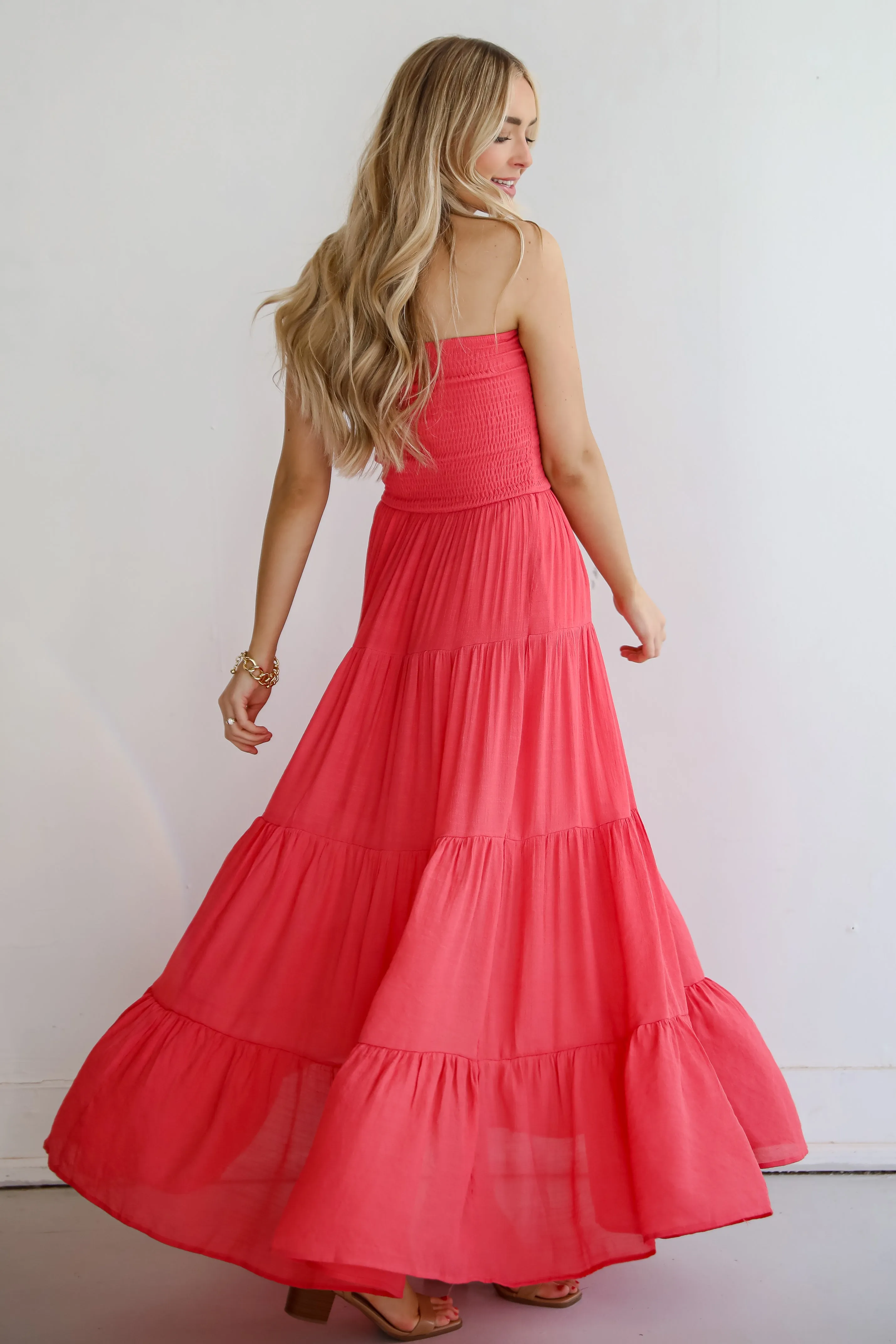 FINAL SALE - Getaway Mood Coral Strapless Tiered Maxi Dress - DU DEAL