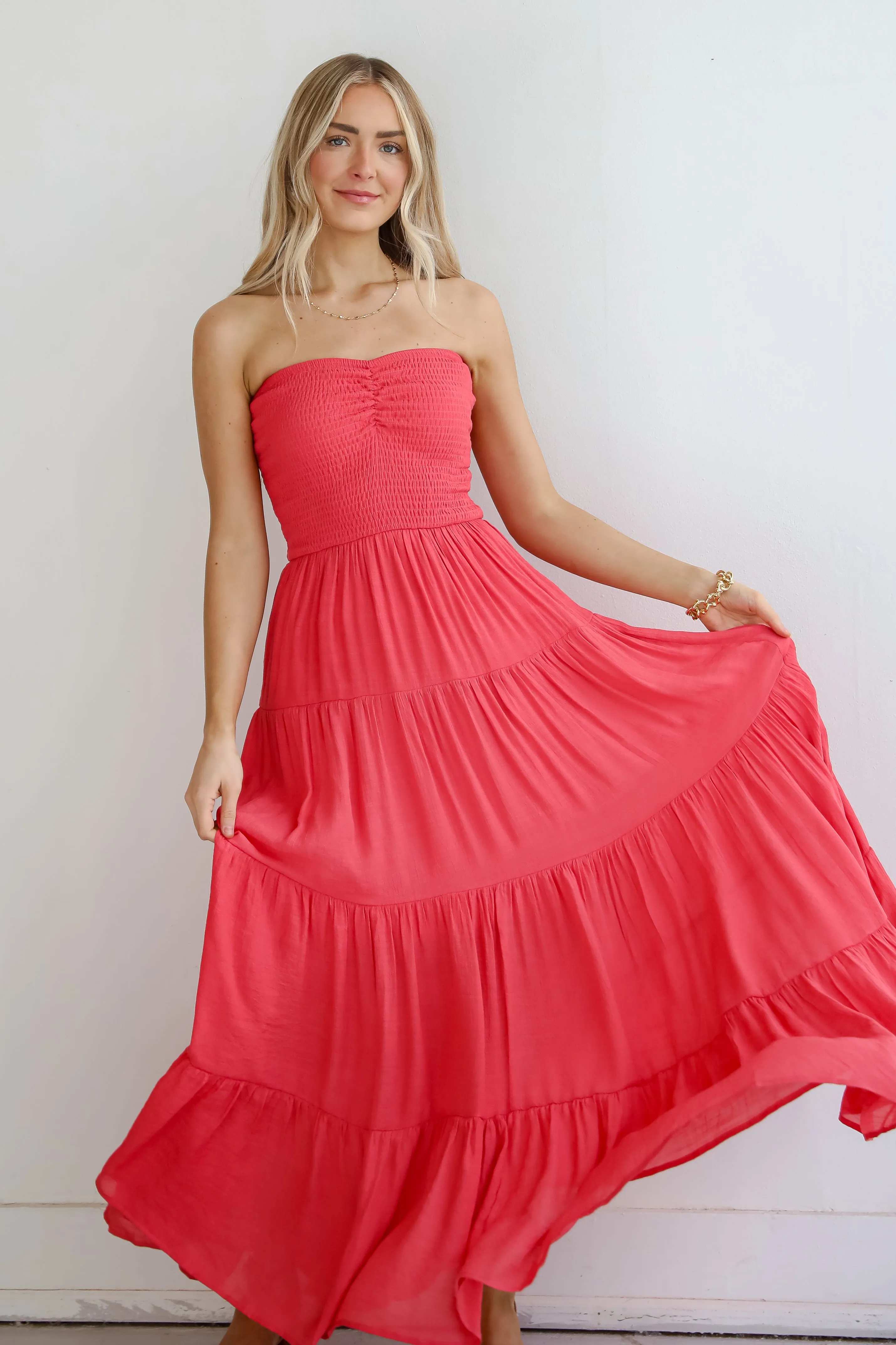 FINAL SALE - Getaway Mood Coral Strapless Tiered Maxi Dress - DU DEAL