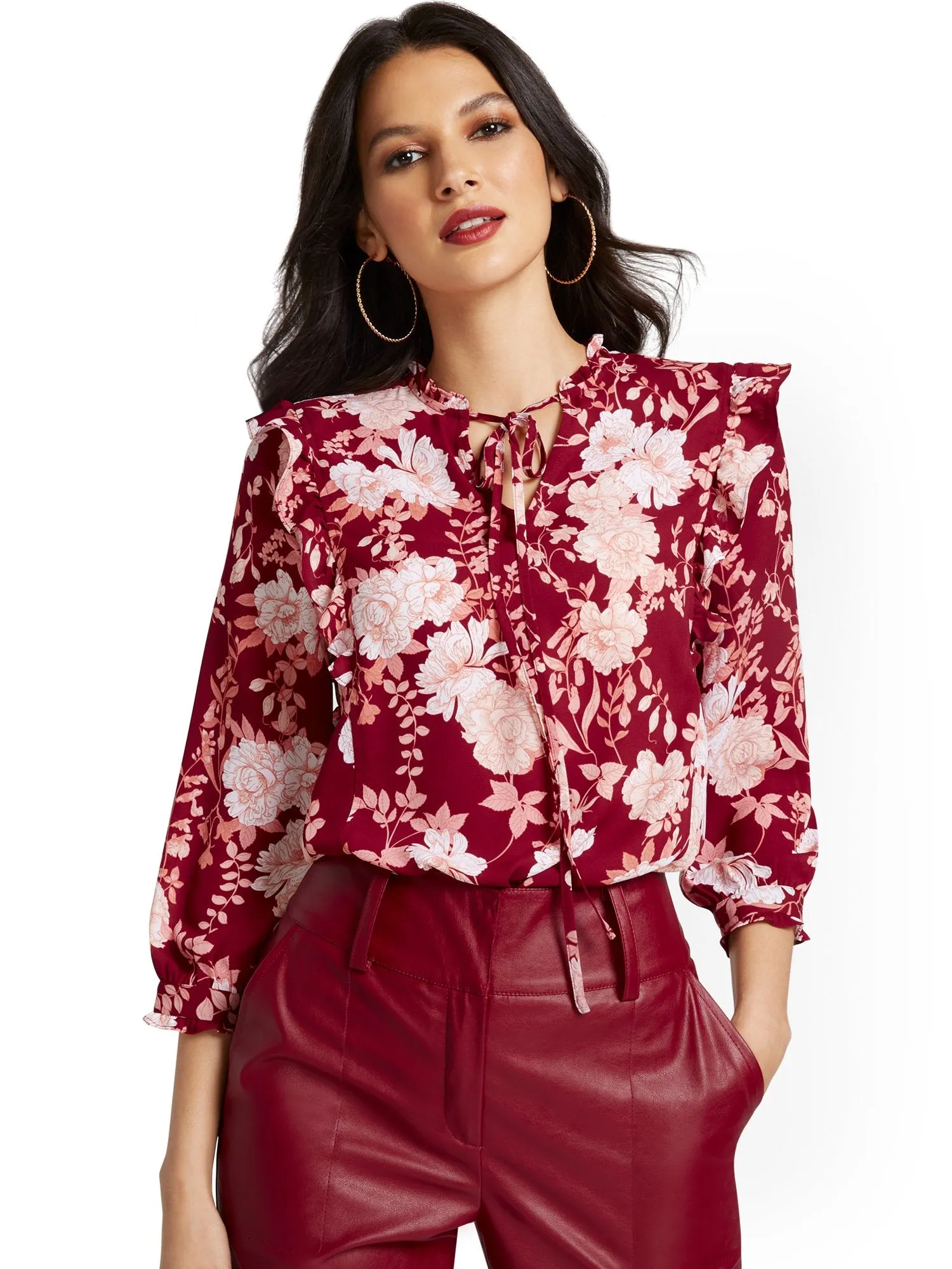 Floral-Print Ruffle-Front Blouse