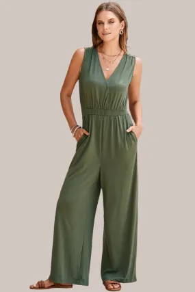 Green Jumpsuit with Plunging Neck and Spaghetti Sleeve Wide Leg Pants